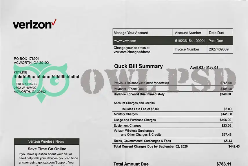 United States Verizon Wireless Utility Bill Template
