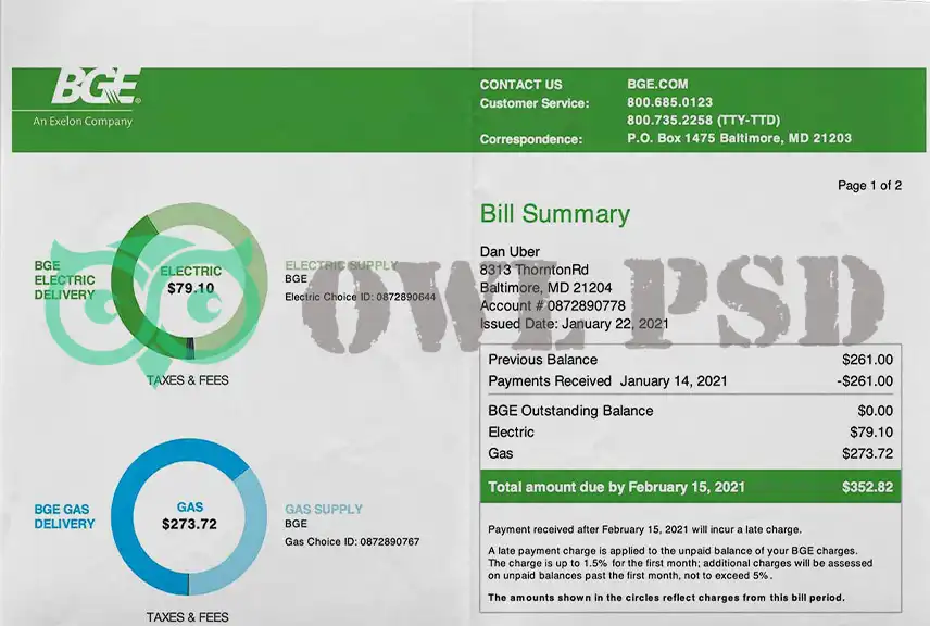 United States Baltimore Gas/Electric Utility Bill Template