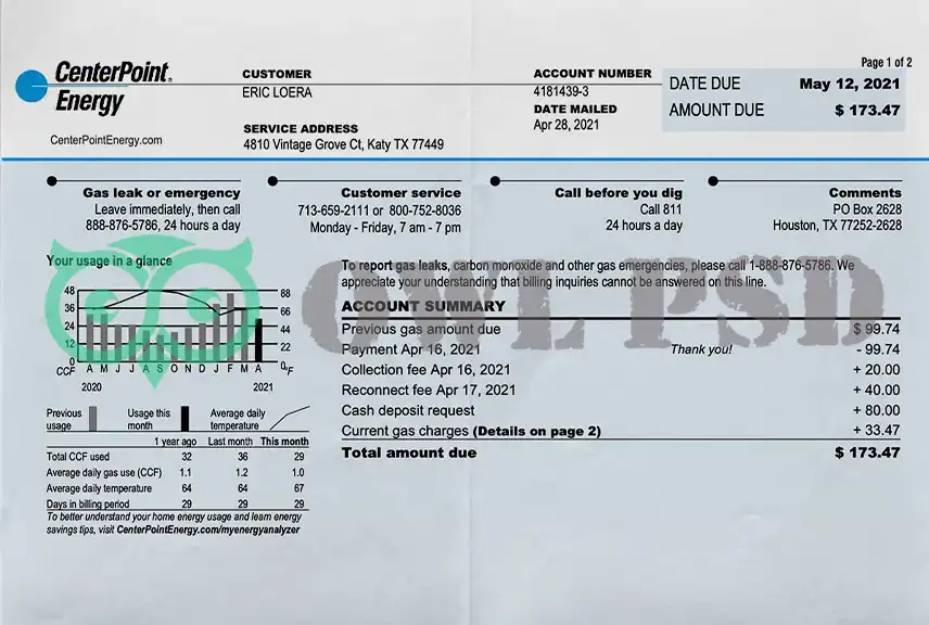 United StatesCenterPoint Energy Utility Bill Template