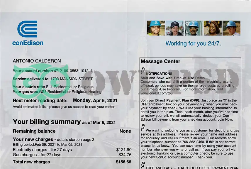 United States Consolidated Edison Utility Bill Template