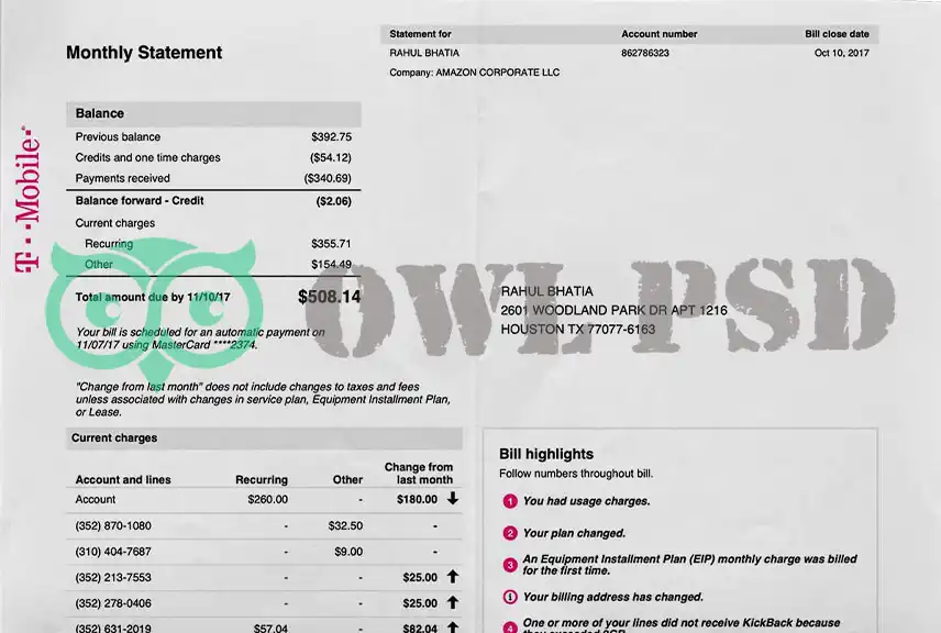 United States T-Mobile Utility Bill Template