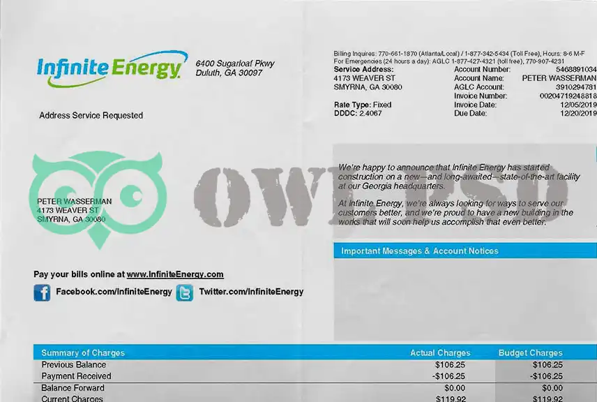 United States Infinitive Energy Utility Bill Template