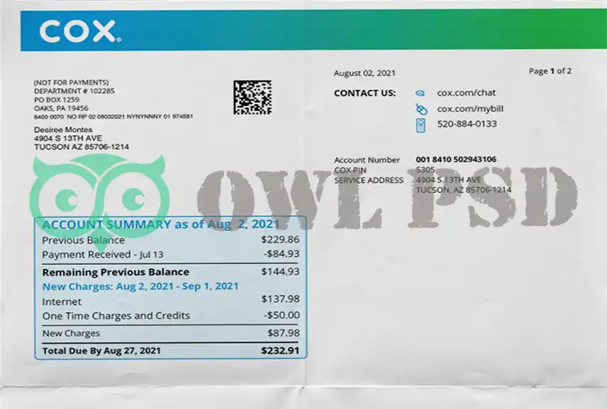 United States COX Utility Bill Template