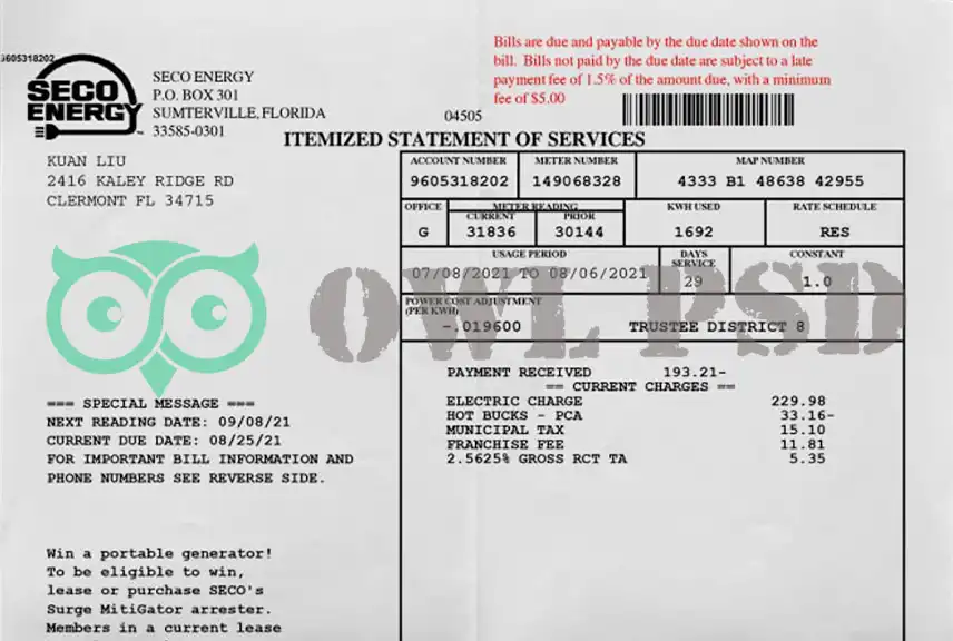United States SECO Energy Utility Bill Template