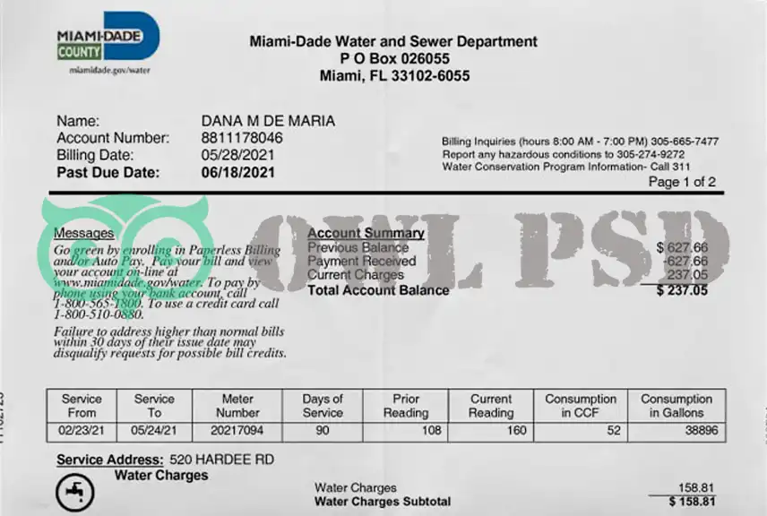 United States Miami Water Utility Bill Template