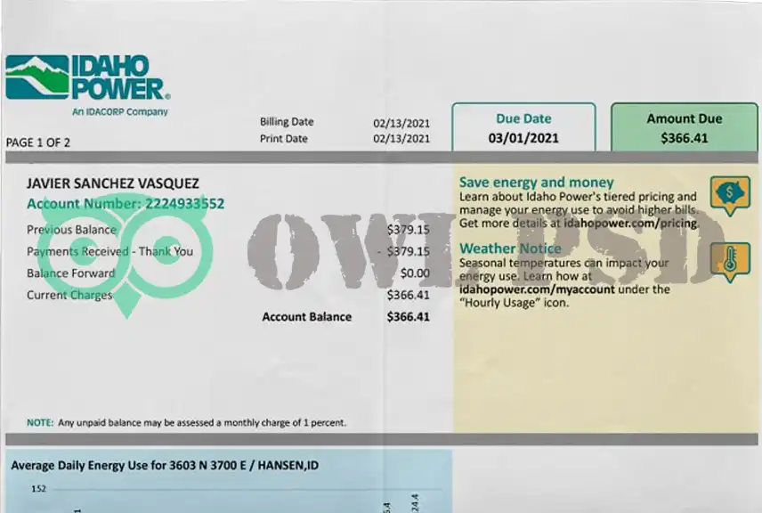 United States Idahopower Utility Bill Template