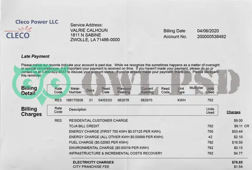 United States Cleco Power Utility Bill Template