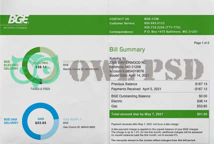 United States BGE Utility Bill Template