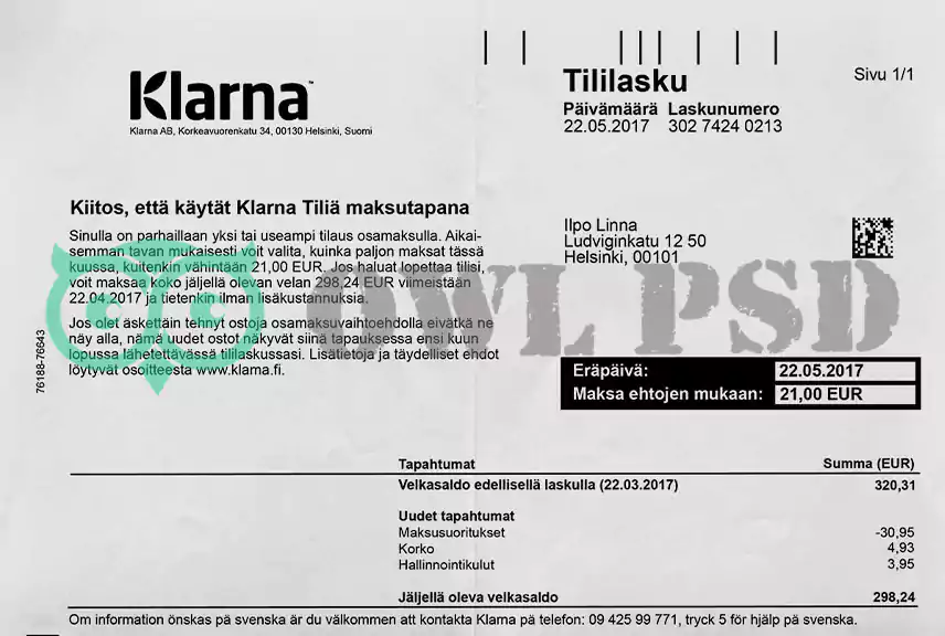 Finland Klarna Bank AB Statement Template