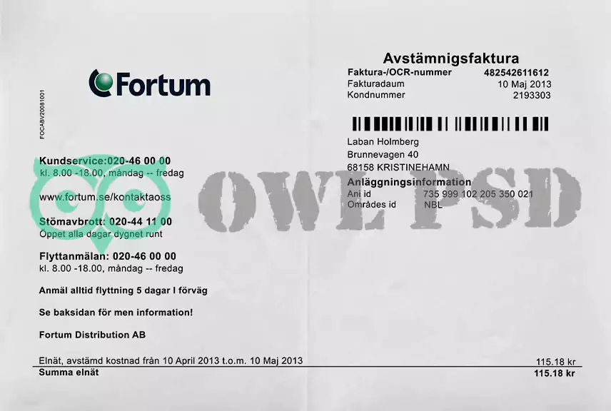 Finland Fortum Corporation Utility Bill Template