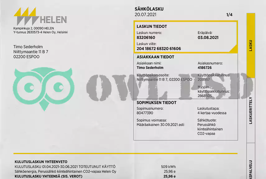 Finland Helen Utility Bill Template