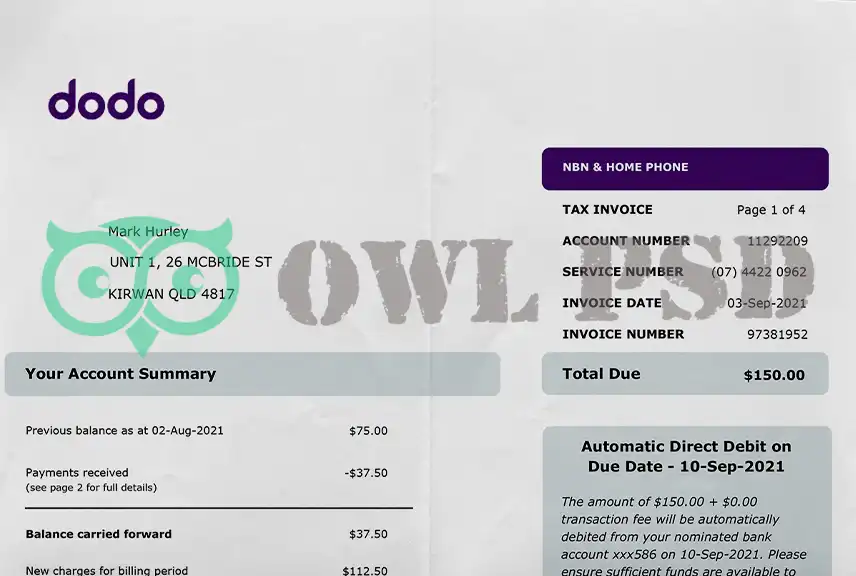 Australia Dodo Utility Bill Template