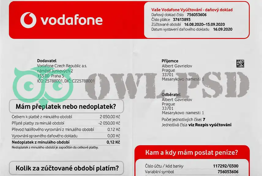 Czech Republic Vodafone Utility Bill Template