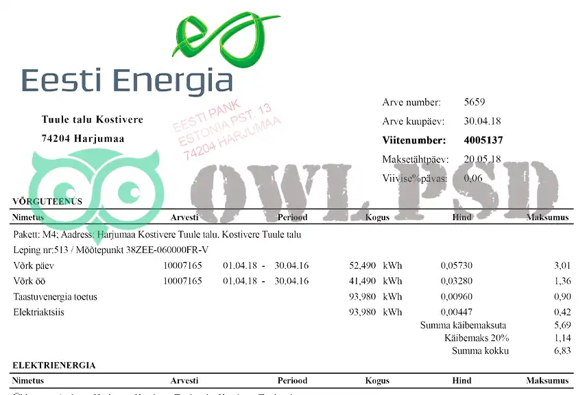 Estonia Eesti Energia Utility Bill Template