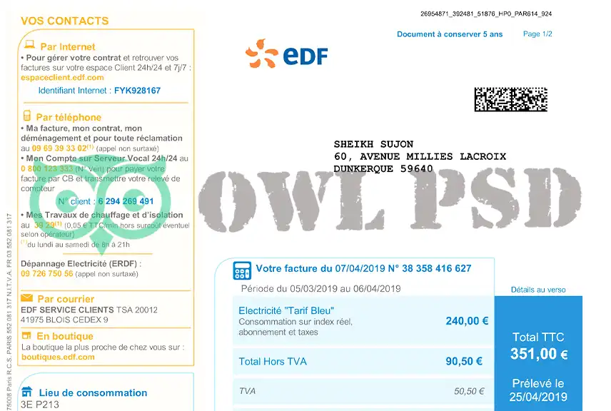 France EDF Utility Bill Template
