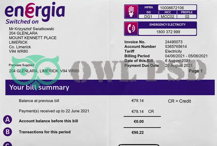 Ireland Energia Utility Bill Template