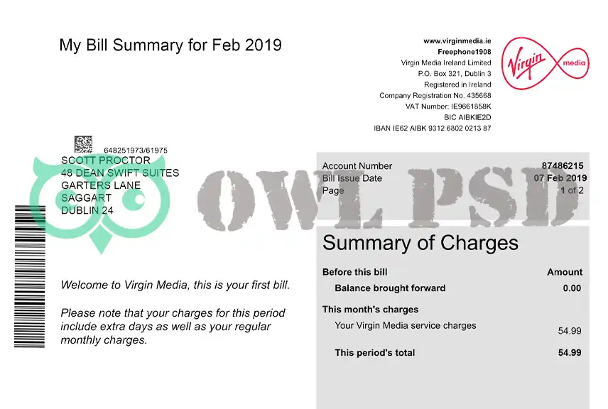 Ireland Virgin Media Utility Bill Template