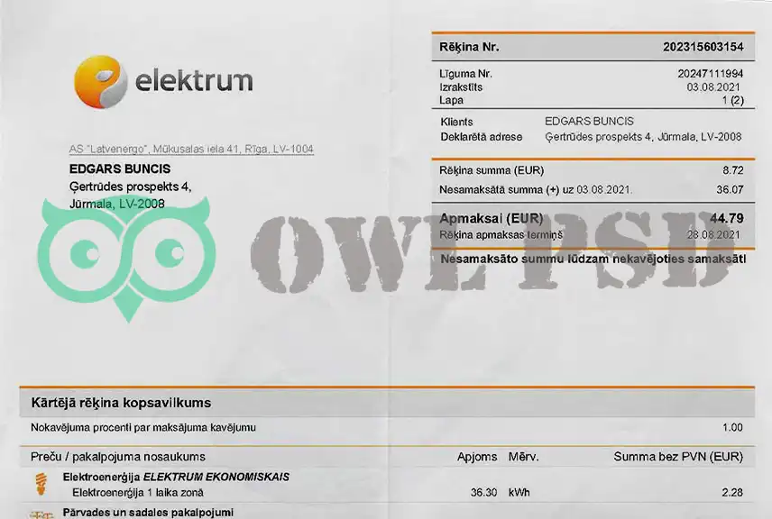 Latvia Elektrum Utility Bill Template