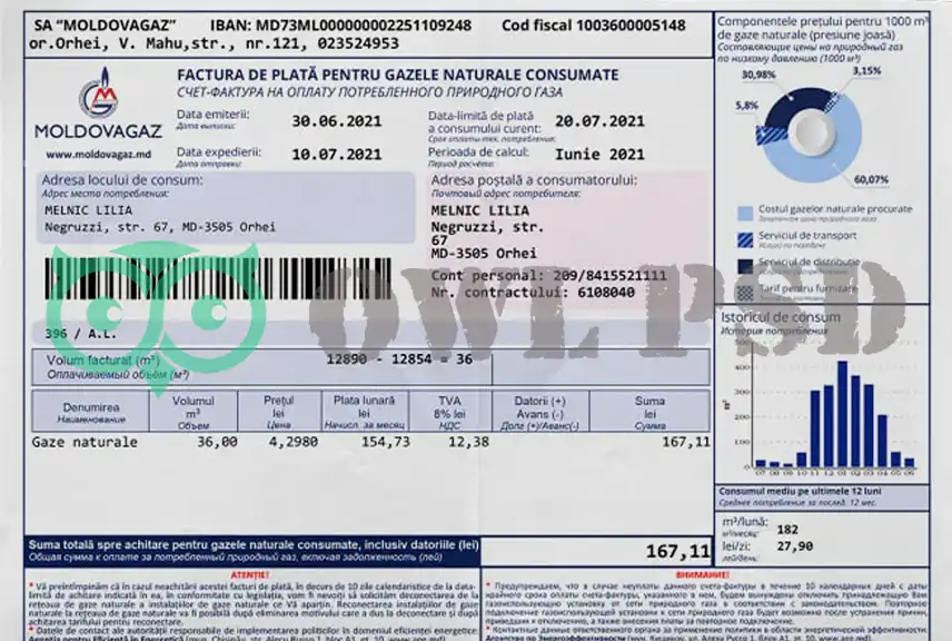 Moldova MoldovaGaz Utility Bill Template