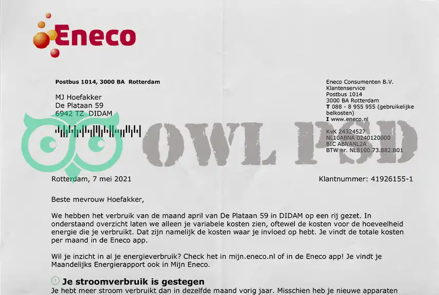 Netherlands Eneco Utility Bill Template