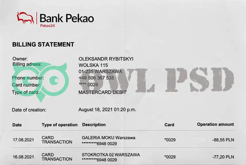 Poland Bank Pekao Statement Template