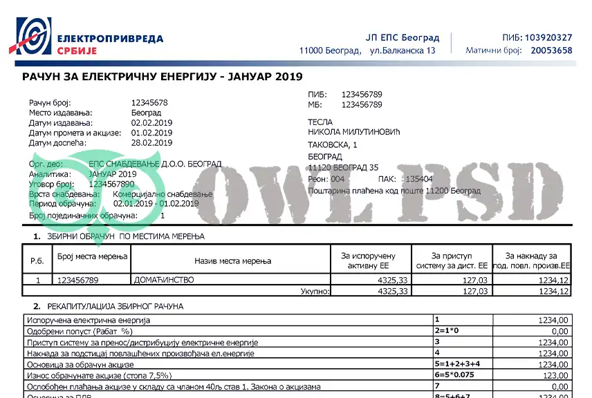 Serbia Electricity Utility Bill Template