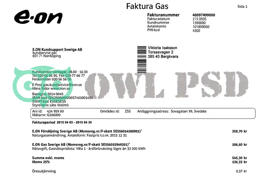Sweden E-ON Utility Bill Template
