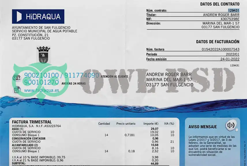 Spain HidrAqua Utility Bill Template