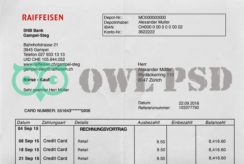 Switzerland Raiffeisenbank Ettiswil Statement Template
