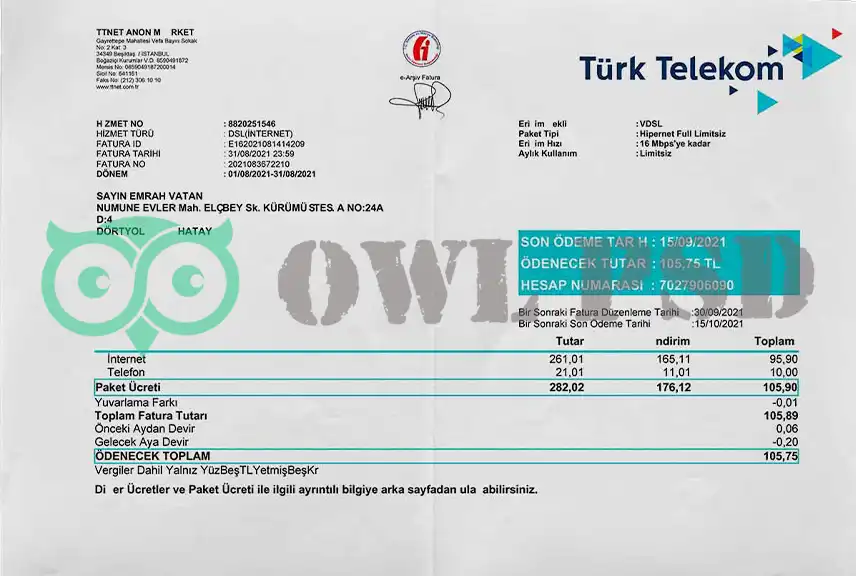 Turkey Turk Telekom Utility Bill Template