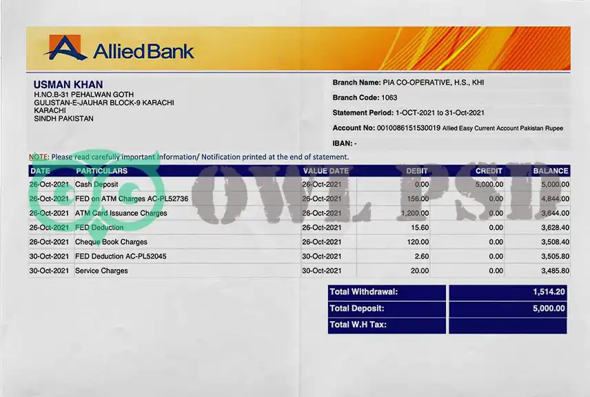 Pakistan AlliedBank Statement Template