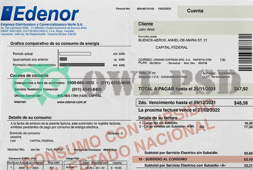 Argentina Edenor S.A. Utility Bill Template