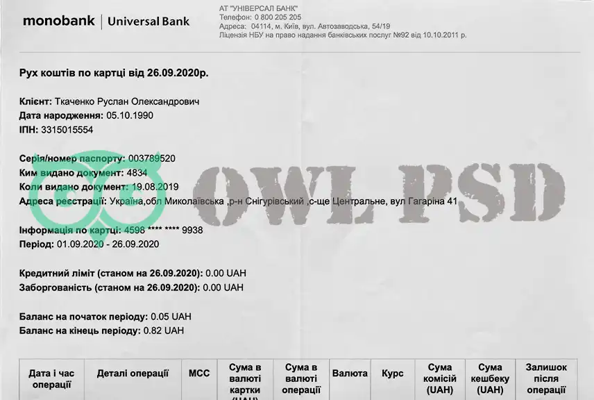 Ukraine Monobank Statement Template