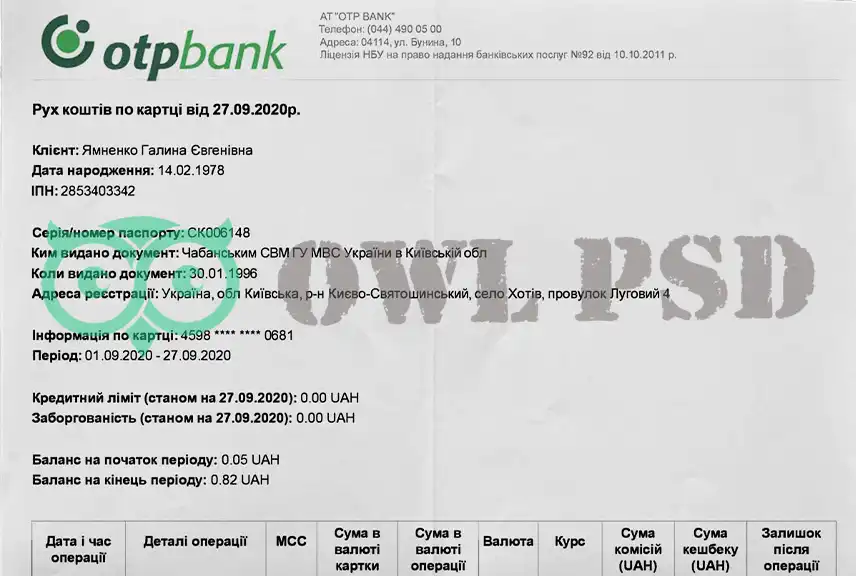 Ukraine Otb Bank Statement Template