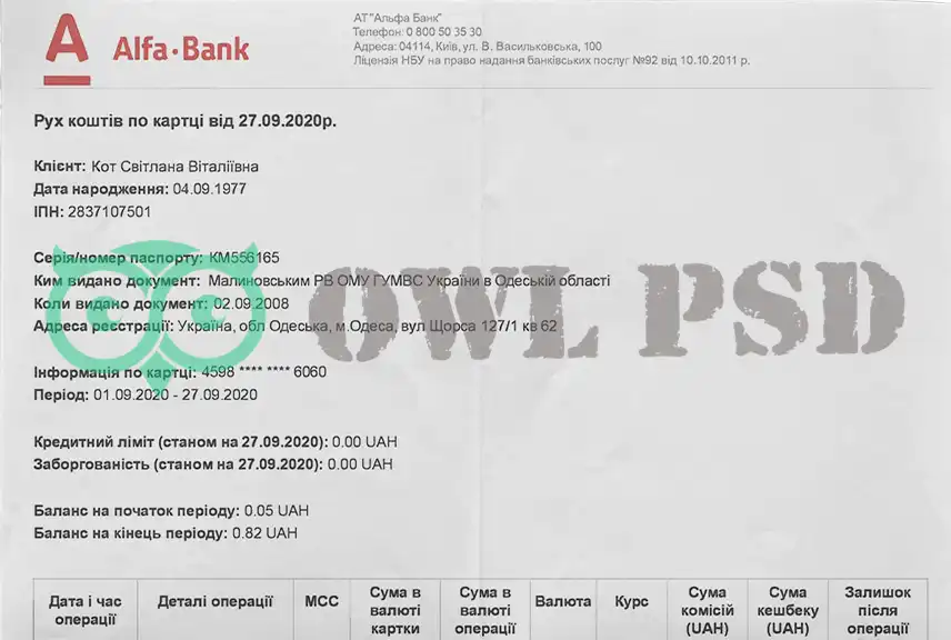 Ukraine Alfa-Bank Statement Template