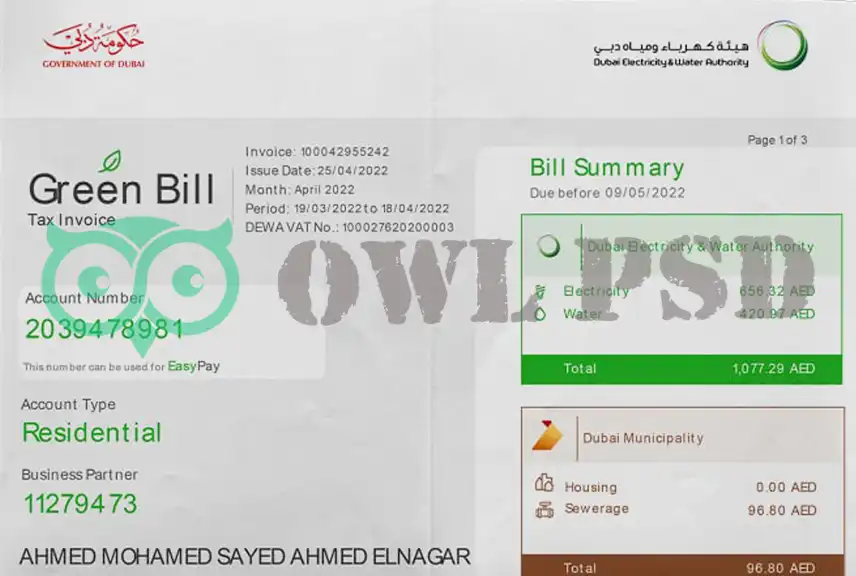 United Arab Emirates Green Utility Bill Template