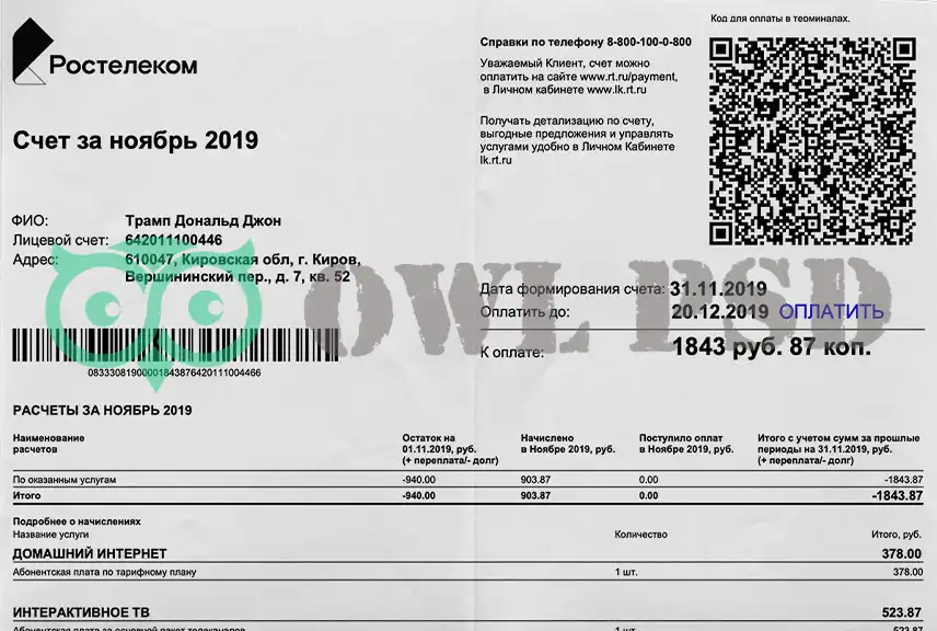 Russia Rostelecom Utility Bill Template