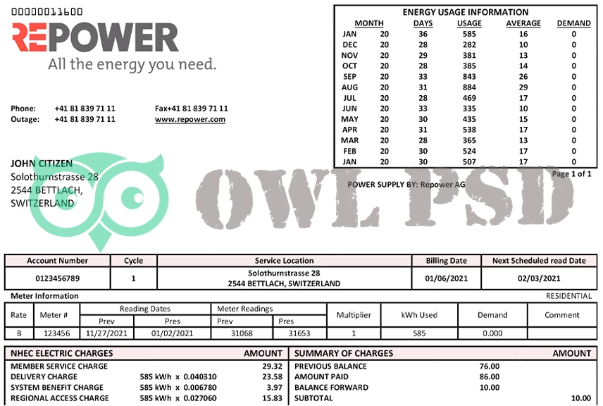 Switzerland Repower AG Utility Bill Template