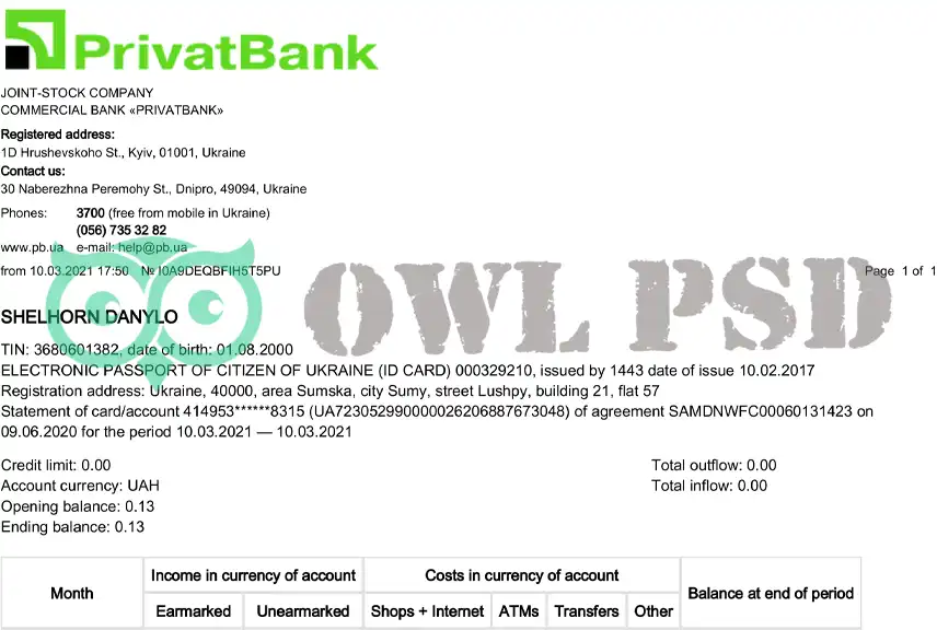 Ukraine Privatbank Statement Template