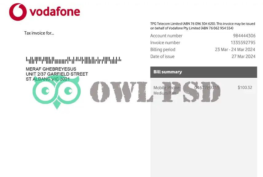 Australia Vodafone Utility Bill Template